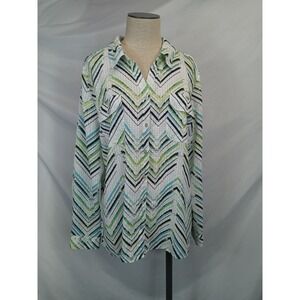 Chevron Striped Button Down Shirt XL Blue Green Geometric Career Office Casual